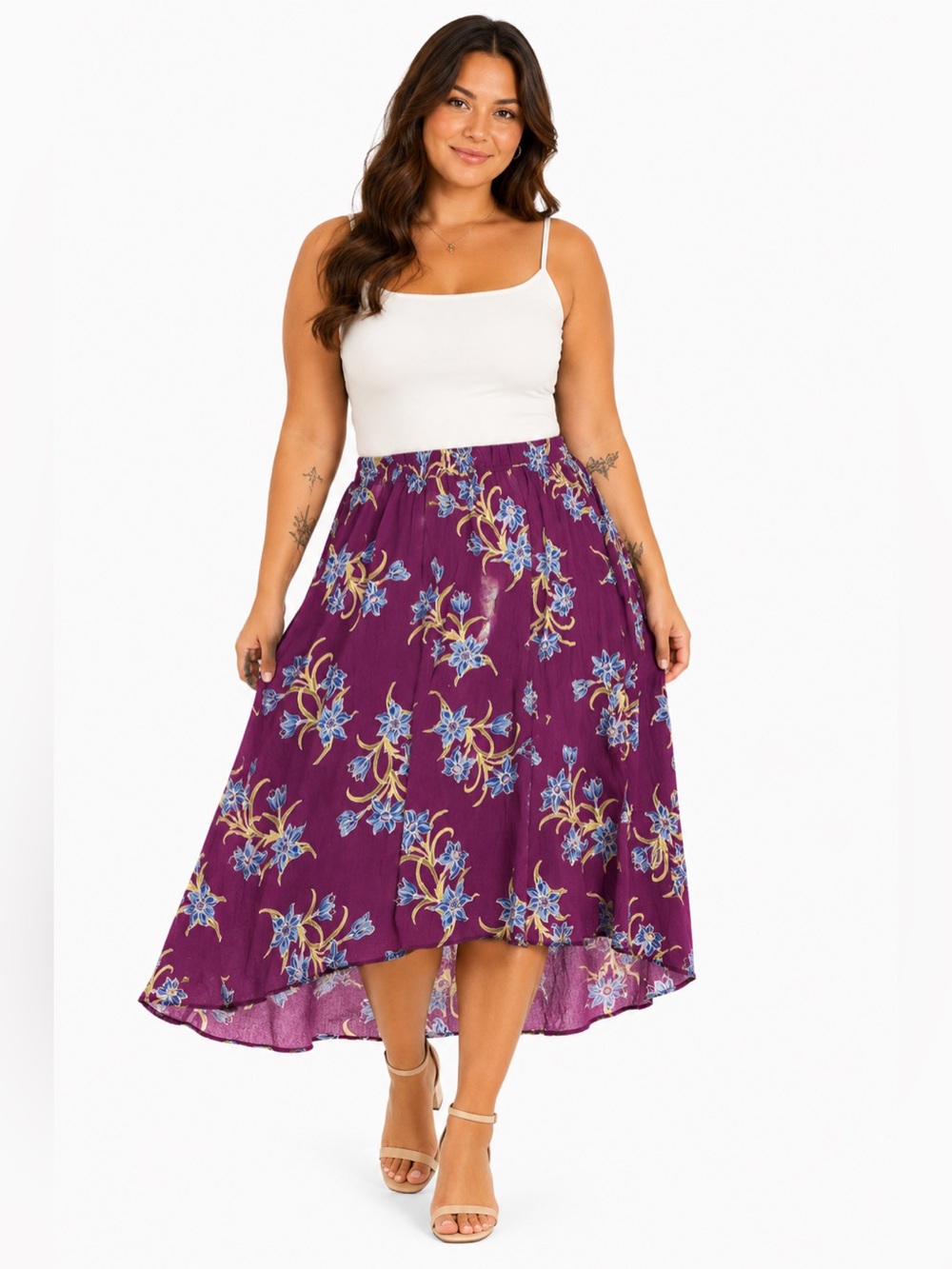 70s American Vintage California Krush Garden Floral Rayon Midi Skirt (Purple) XL
